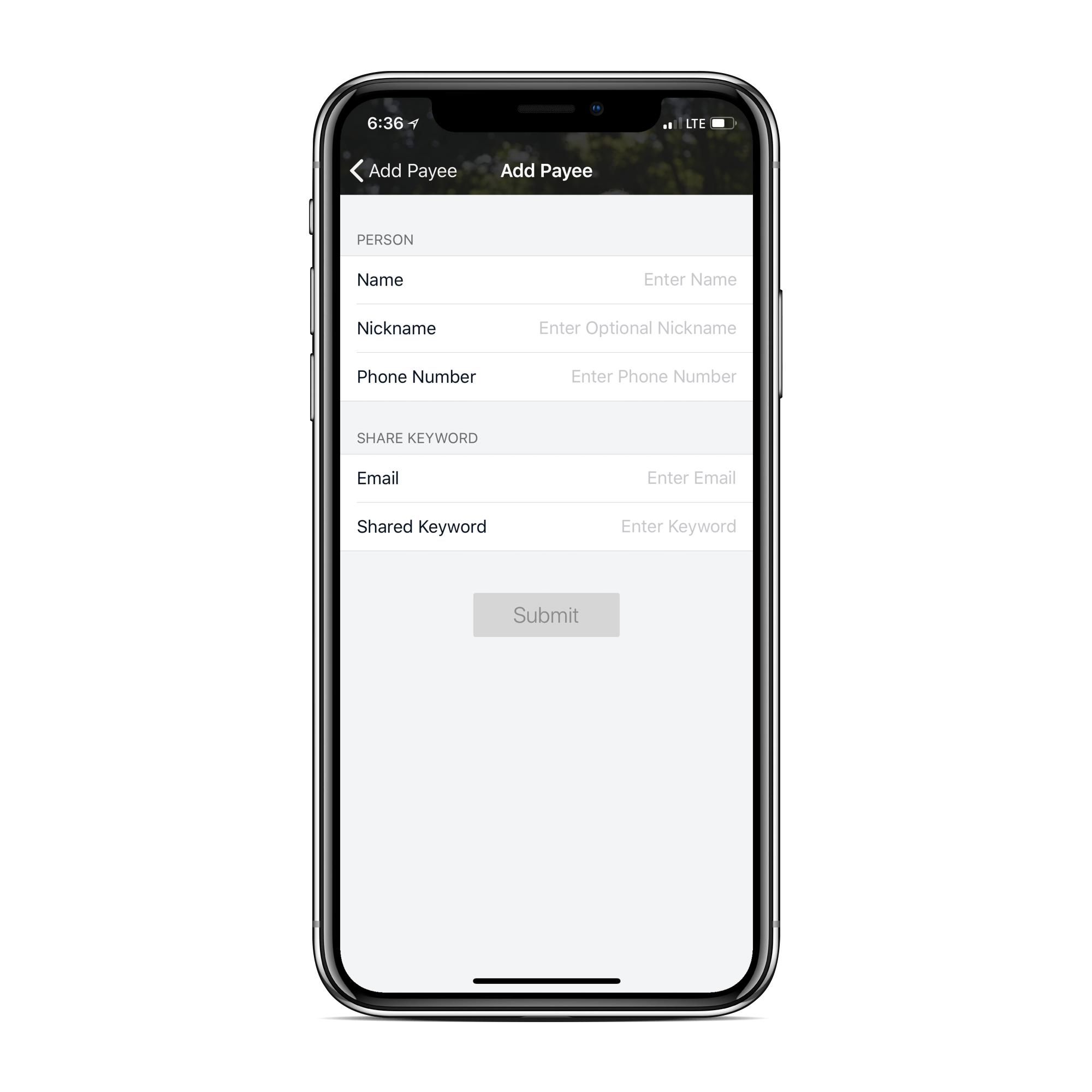 Orrstown Bank mobile banking app add payee screen on space grey iPhone X